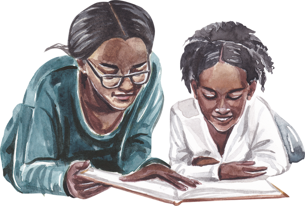 Black African Woman with Child Reading Watercolor